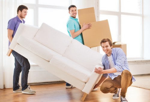 Office relocation setup with labelled boxes and furniture